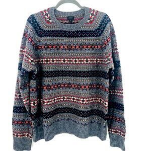 J.Crew 100% Lambswool Fair Isle Sweater Men’s XL Gray Nordic Apres Pullover NWOT